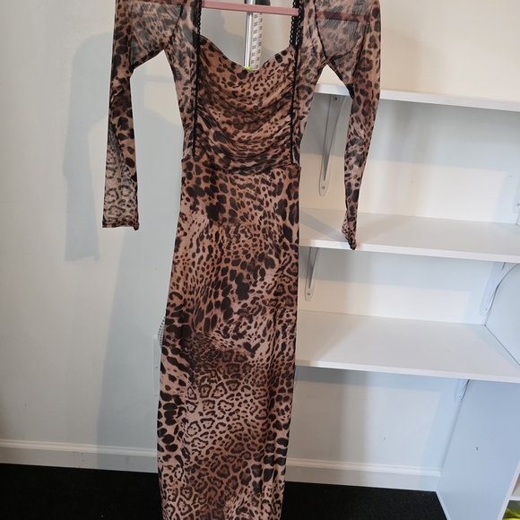 Jaded Rose Kendra Leopard Ruched Midi Dress Mesh Long Sleeve Size 8 - Picture 2 of 6